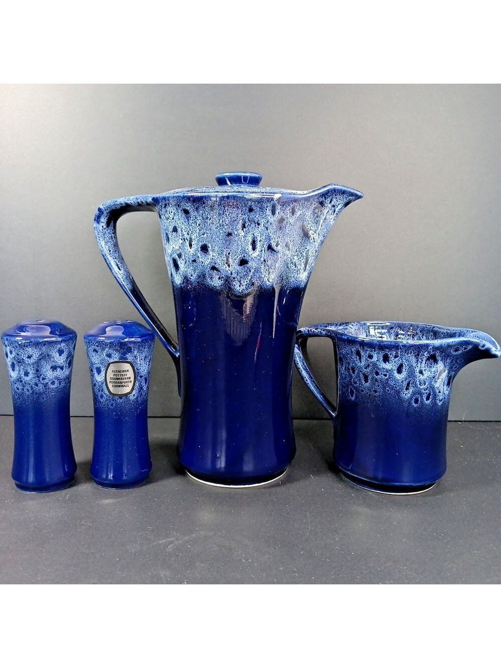 Set of 4 Rare Blue Kernewek Coffee Pot Creamer Salt Pepper Pottery Set Cornwall
